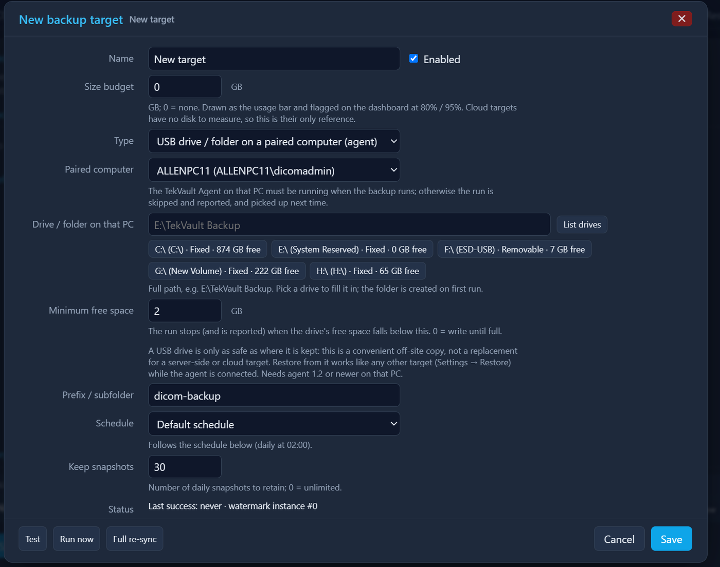 New backup target popup: USB drive on a paired computer, drives listed