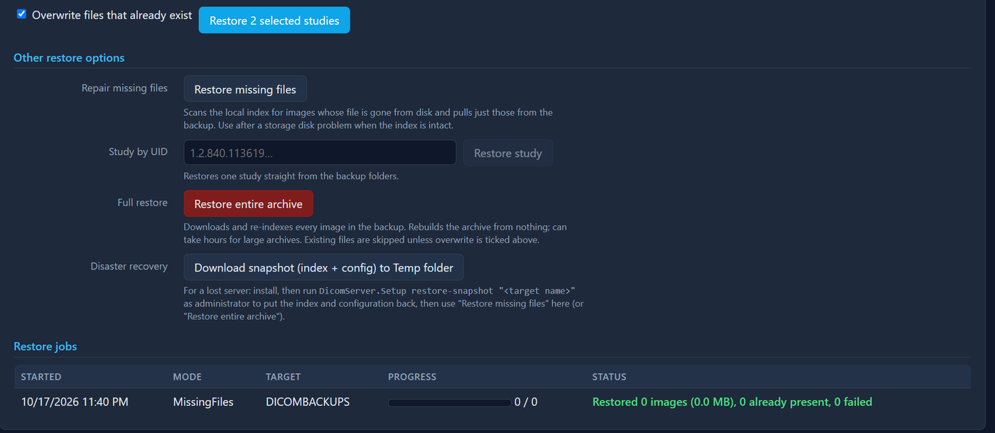 Restore page: other restore options and restore jobs