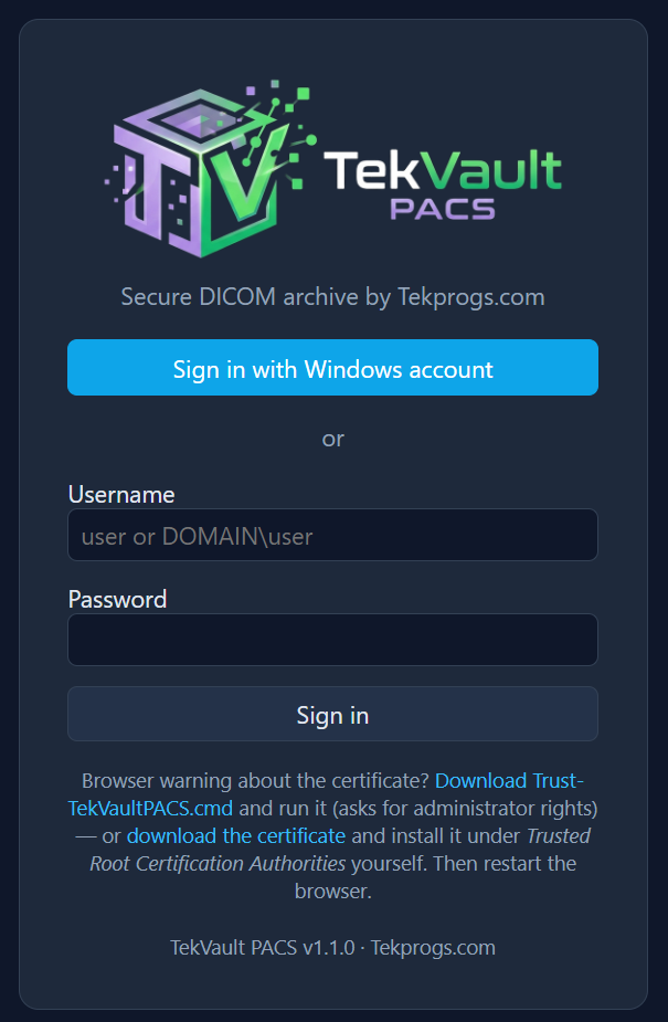 Login page: trust script and certificate links