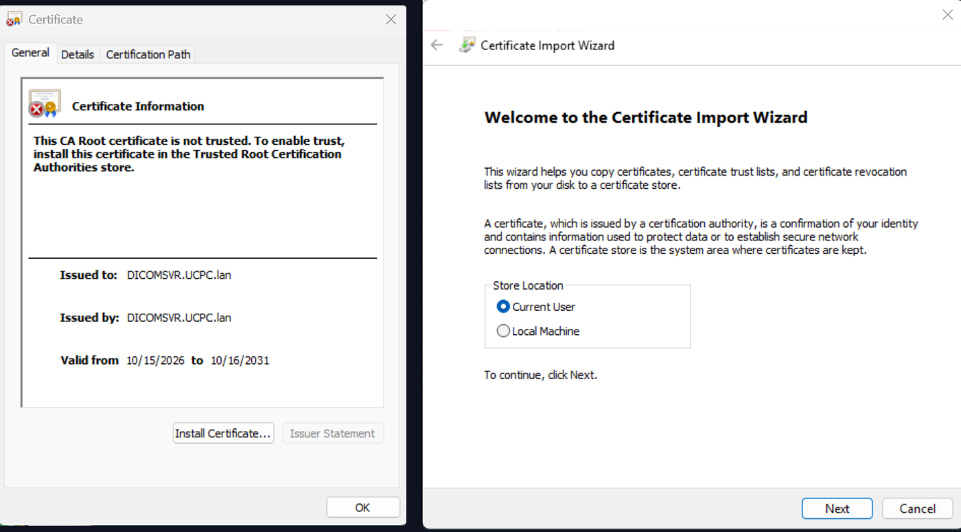 Windows Certificate dialog → Install Certificate… → Certificate Import Wizard