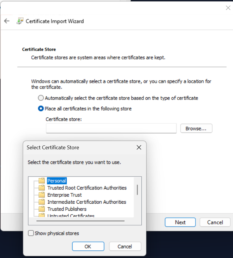 Certificate Import Wizard: selecting Trusted Root Certification Authorities