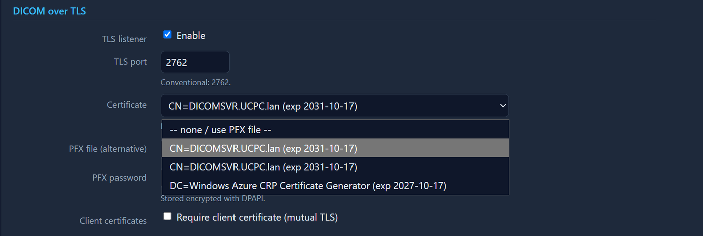 DICOM & TLS settings, certificate dropdown