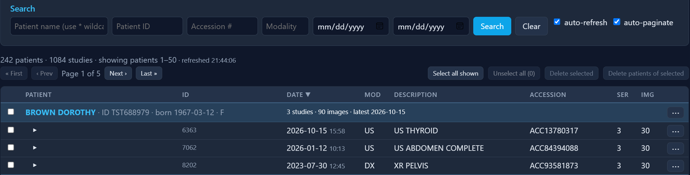 Studies page with search filters and results