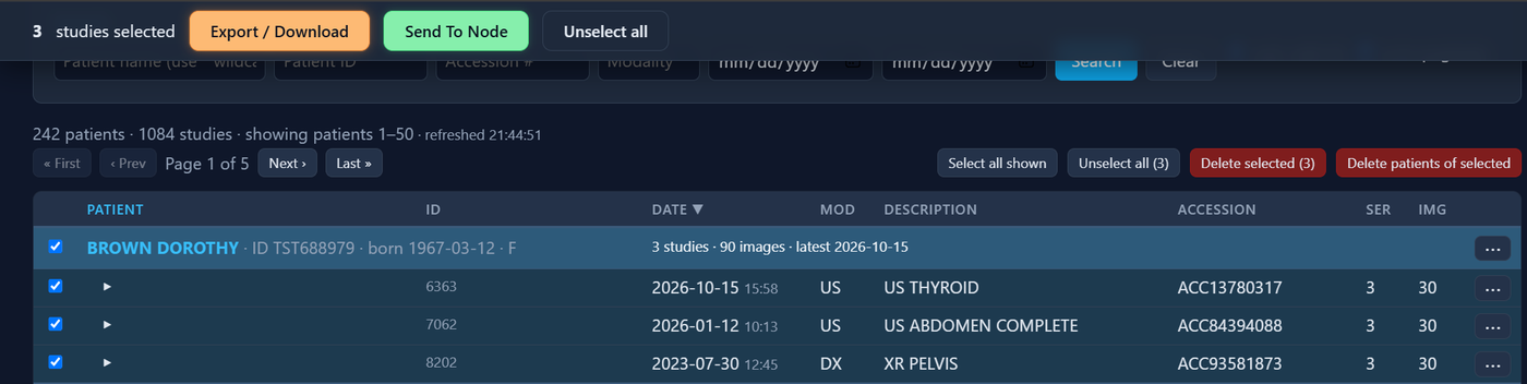 Selection bar with Export and Send buttons
